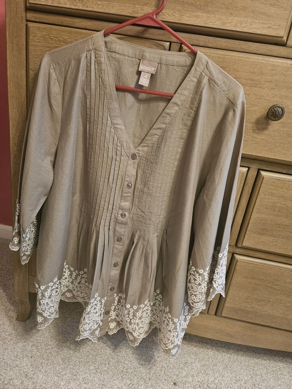 Charming Charlie Taupe Button-Front Tunic with White Lace Hem